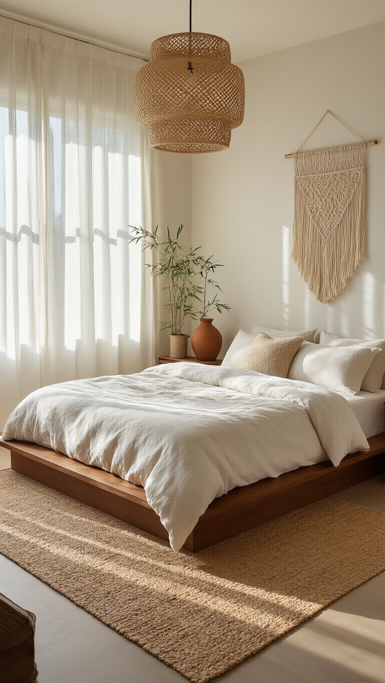 Serene bedroom with low walnut platform bed, layered linen bedding, rattan pendant light, jute rug, shoji screen, macramé wall hanging, potted bamboo, and terracotta ceramics in soft morning light.