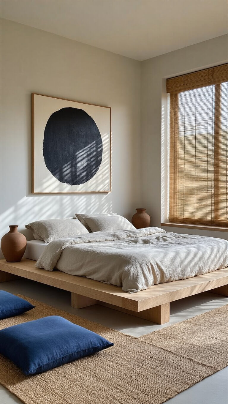 Minimalist 14x16ft bedroom with platform bed in bleached oak, stone-washed linen bedding, abstract black-and-white artwork, ceramic vessels on low bench, bamboo blinds casting dappled light, indigo textiles, and raw silk meditation cushions in calm daylight.