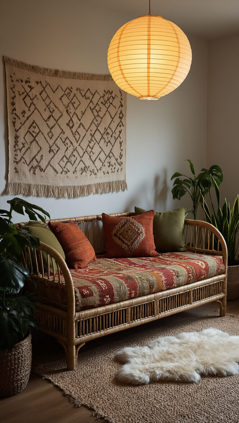 Cozy 11x13ft bedroom at dusk with rattan daybed, vintage kilim cushions, paper lantern glow, geometric wall tapestry, distressed wooden chest, potted plants, layered rugs, and moody lighting.