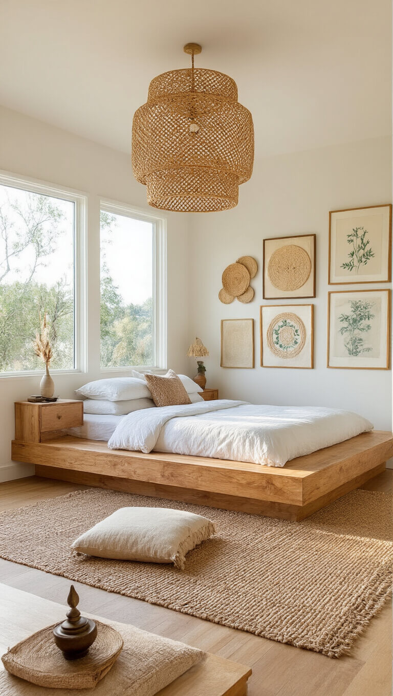 Bright morning bedroom with floating wooden bed, rattan pendant, botanical and woven wall art, floor cushions, layered rugs, and soft natural lighting.