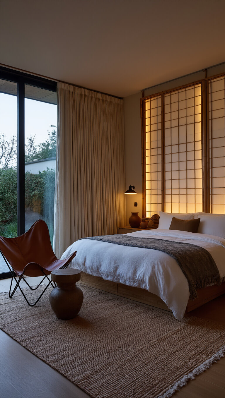 Spacious twilight bedroom with shoji screen headboard, garden-view drapes, leather butterfly chair, handmade pottery, bamboo mirror, and layered natural fiber rug.