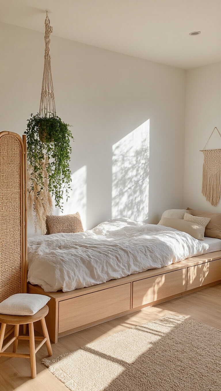Minimalist 9x11ft bedroom with pale oak platform bed, macramé plant hangers, rattan screens, and afternoon sunlight casting dramatic shadows.