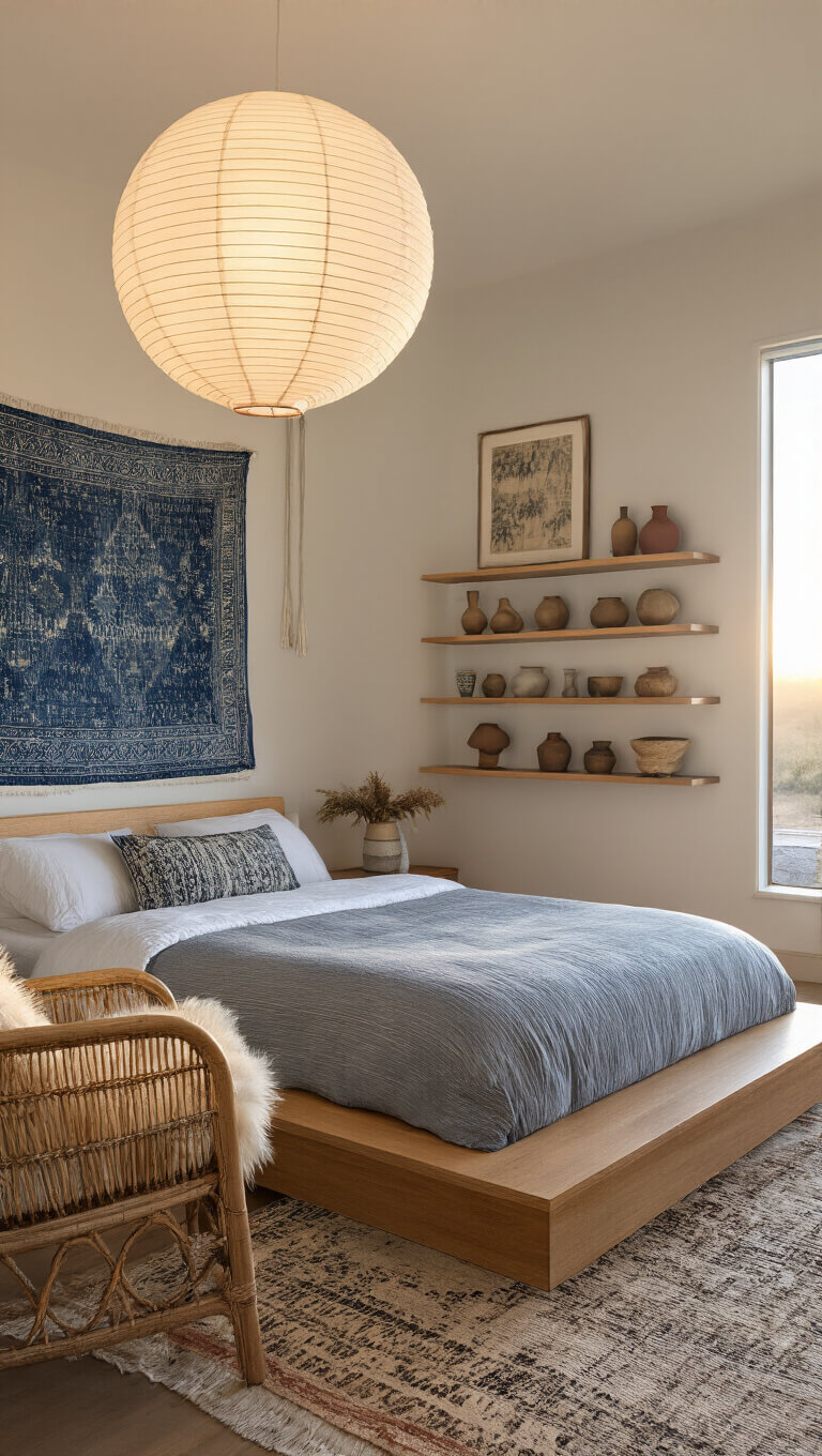 Modern 12x14ft bedroom at sunrise with low wooden bed, rice paper lantern, gallery wall of textiles and prints, rattan chair, ceramic collection, and layered natural rugs in soft natural light.