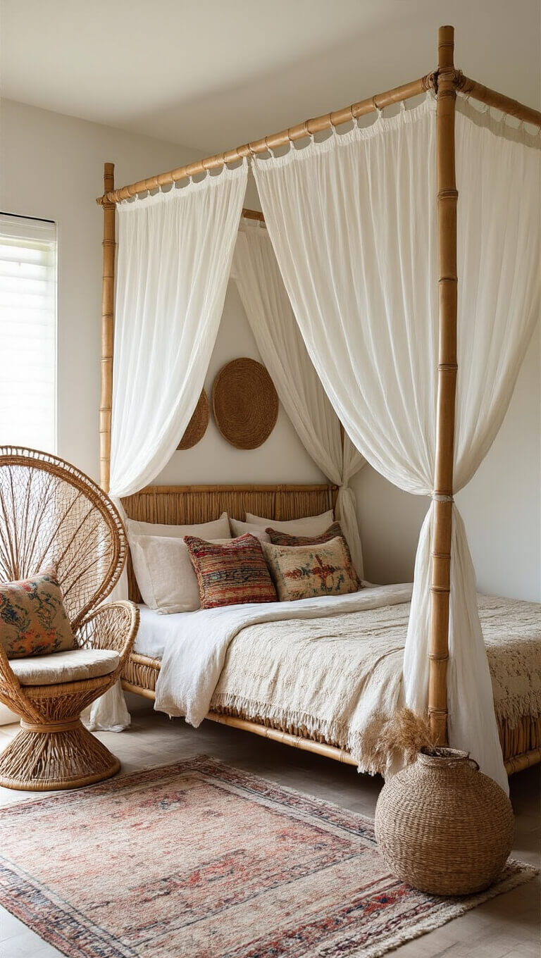 Bohemian 14x16ft bedroom with bamboo canopy bed, vintage kilim pillows, rattan peacock chair, handwoven basket wall art, ceramic vessels, layered neutral rugs, and soft midday natural light.