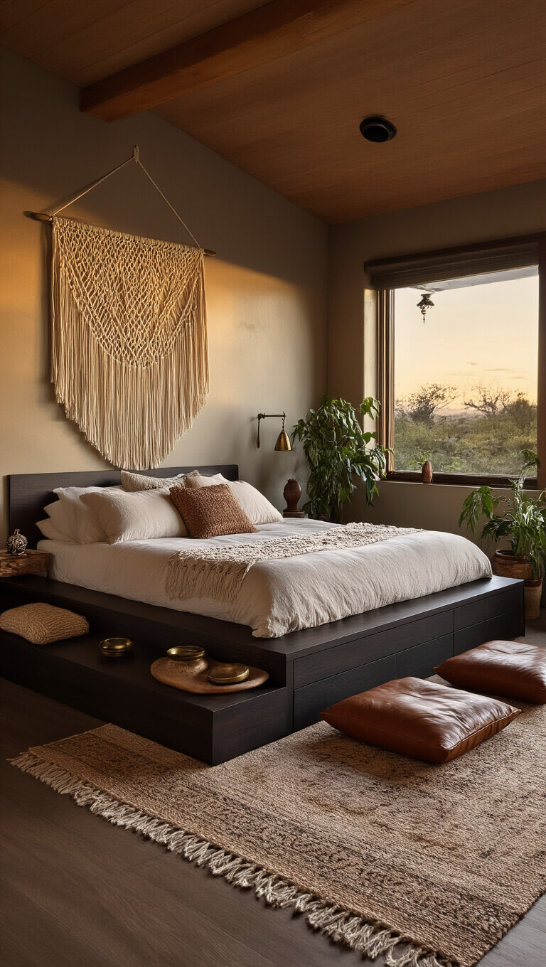 Cozy 10x12ft bedroom at sunset with platform bed, macramé wall hanging, vintage leather cushions, potted plants, and warm ambient lighting.