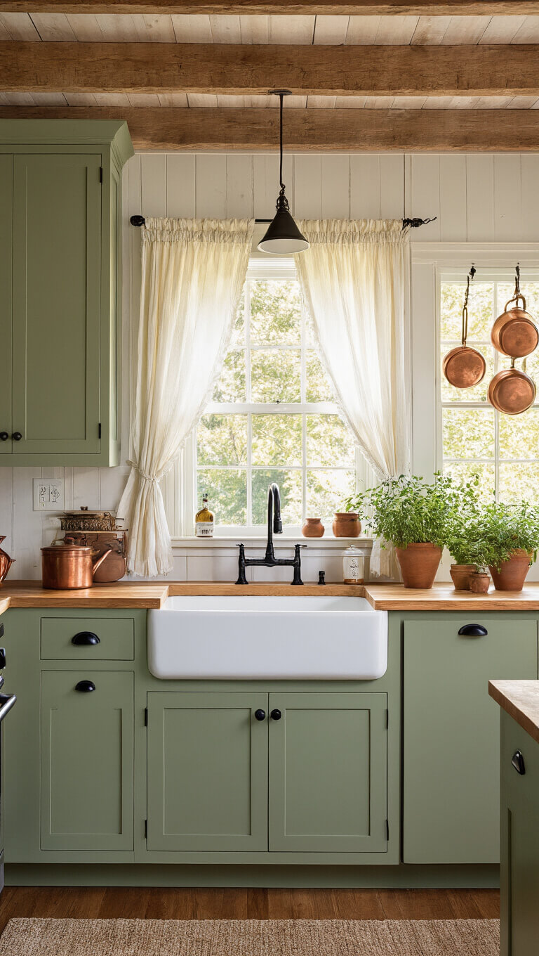 Low-angle view of a cozy sage green cottage kitchen with sunlight streaming through café curtains, highlighting wood beams, copper pots, and a farmhouse sink beneath a window.