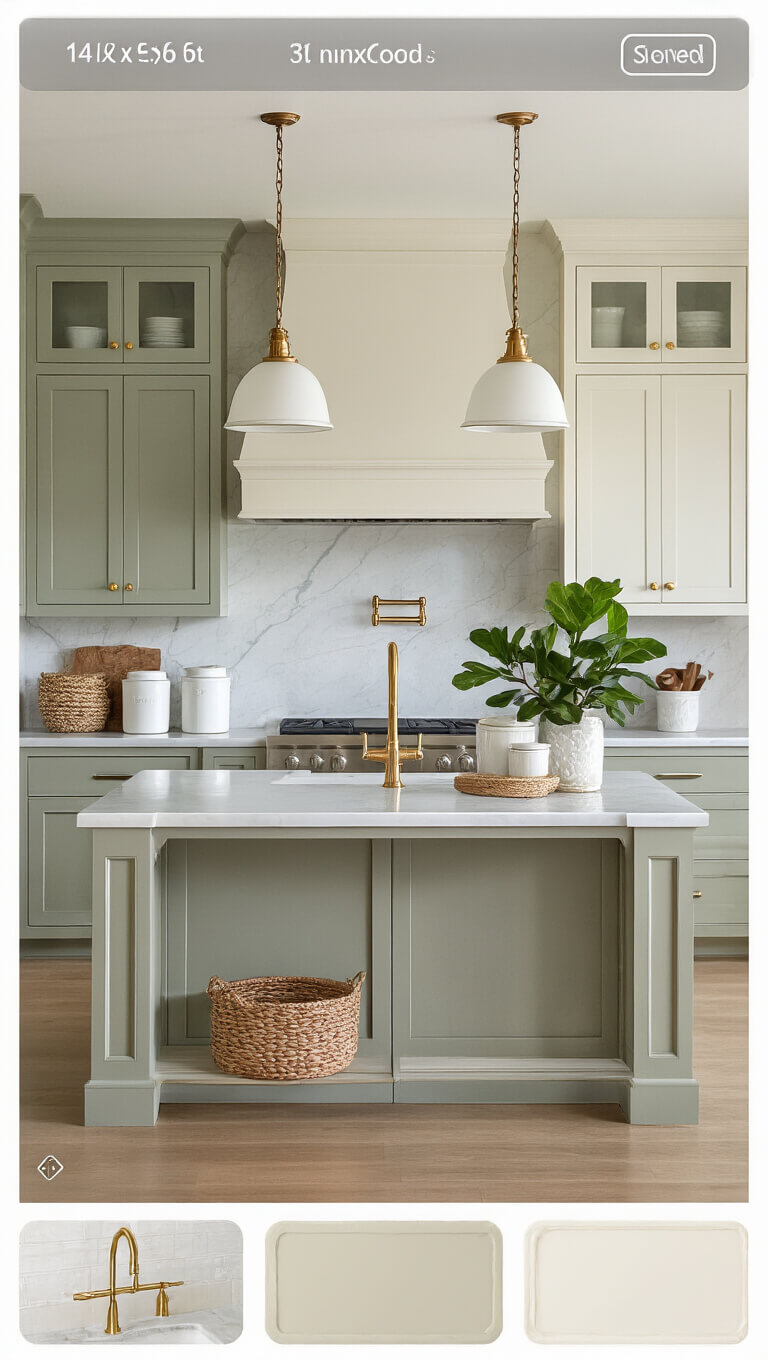 Eye-level view of a 14'x16' transitional kitchen with soft sage upper cabinets, creamy white lower cabinets, marble backsplash to ceiling, brushed gold hardware, island with carved corbels and pendant lights, and styled with white canisters, baskets, and a fiddle leaf fig.