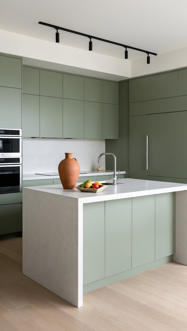 Minimalist 11'x13' kitchen with sage green cabinets, white concrete countertops, waterfall island, and integrated appliances, lit by northern light and black track lighting.
