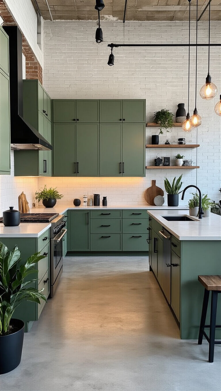 Industrial-modern kitchen at dusk featuring sage green metal cabinets, polished concrete surfaces, white painted brick wall, and moody pendant lighting.