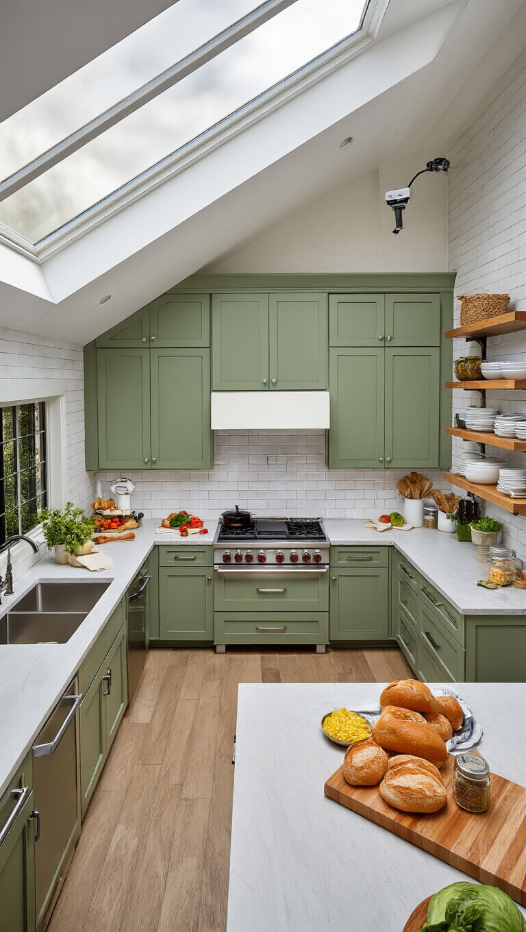 Overhead view of a 15'x18' professional kitchen with sage green cabinets, skylight lighting, stainless appliances, white subway tile backsplash, central island with prep sink and butcher block, and organized open shelving with fresh produce.