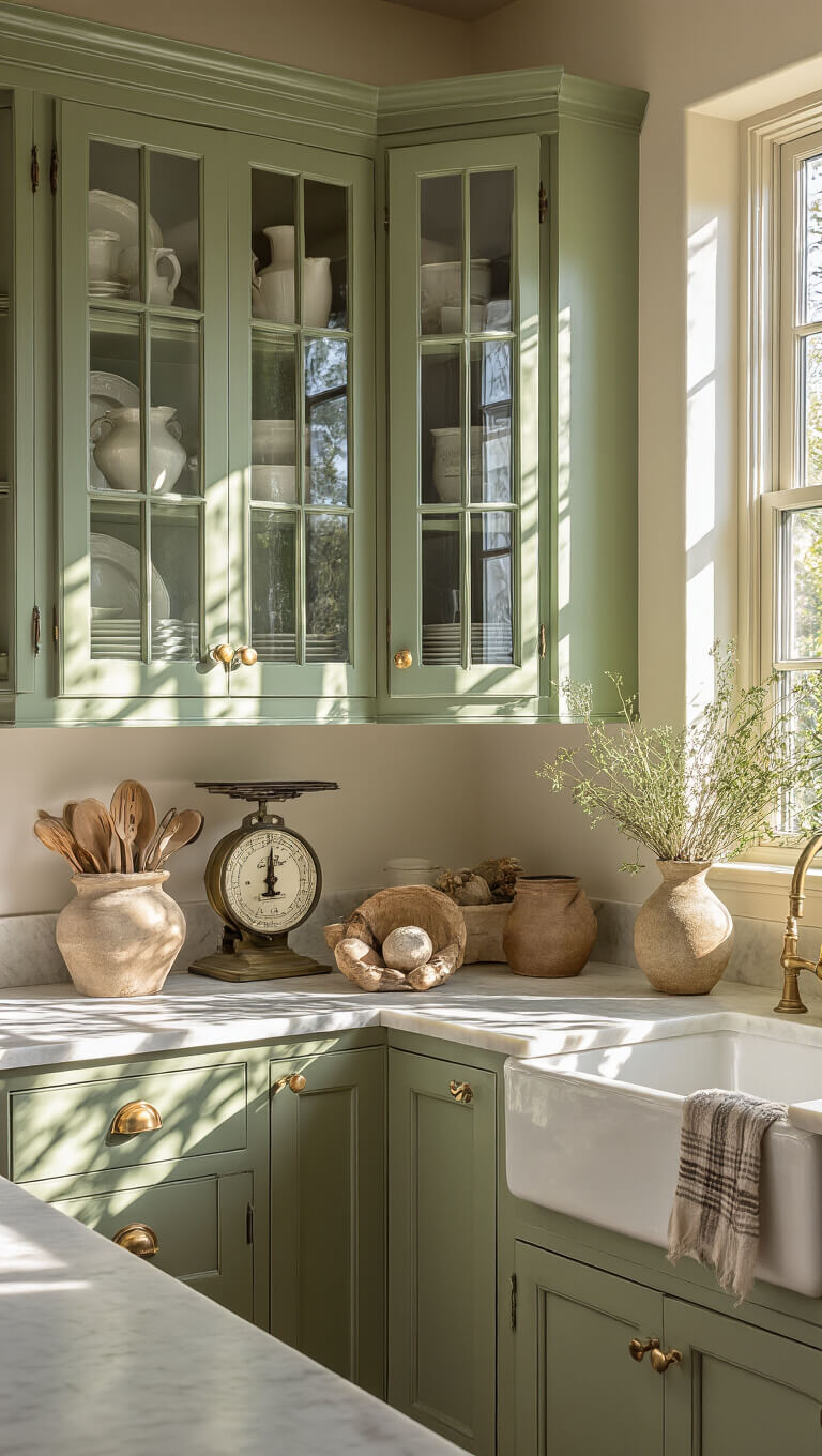 Detail shot of sage green kitchen corner with glass-front cabinets, vintage ironstone, honed marble countertop, and antique decor in dramatic sunlight.