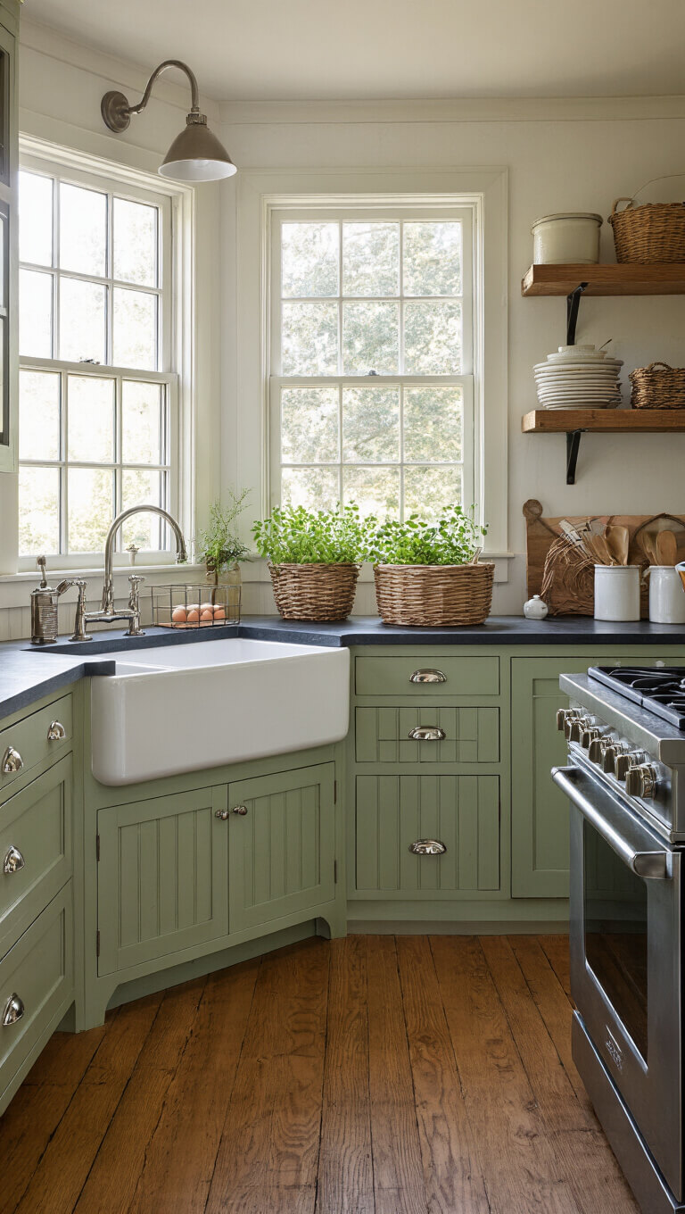 Farmhouse kitchen with sage green beadboard cabinets, soapstone counters, white farmhouse sink, and morning light streaming through multi-pane windows overlooking window box herbs.