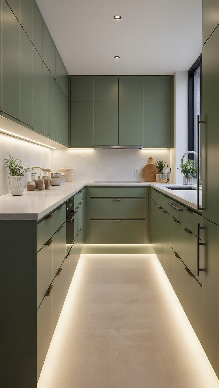 Contemporary 14'x17' kitchen with sage green lacquered cabinets, quartz surfaces, smart appliances, and ambient LED lighting in evening setting.