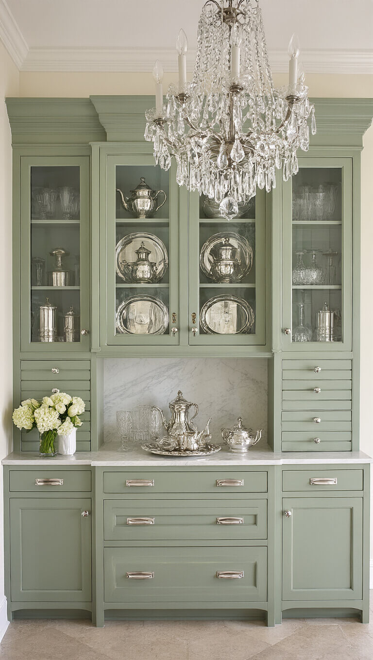 Sage green butler's pantry with vintage chandelier, glass cabinets displaying silverware, marble counters, and antique mirror backsplash.