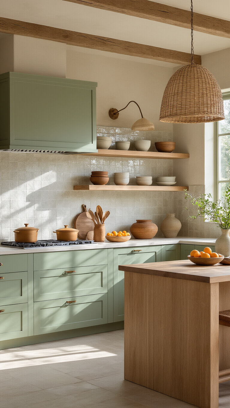 Bright California-casual kitchen with sage green cabinets, light oak accents, zellige tile backsplash, and rattan pendant lights viewed from above.