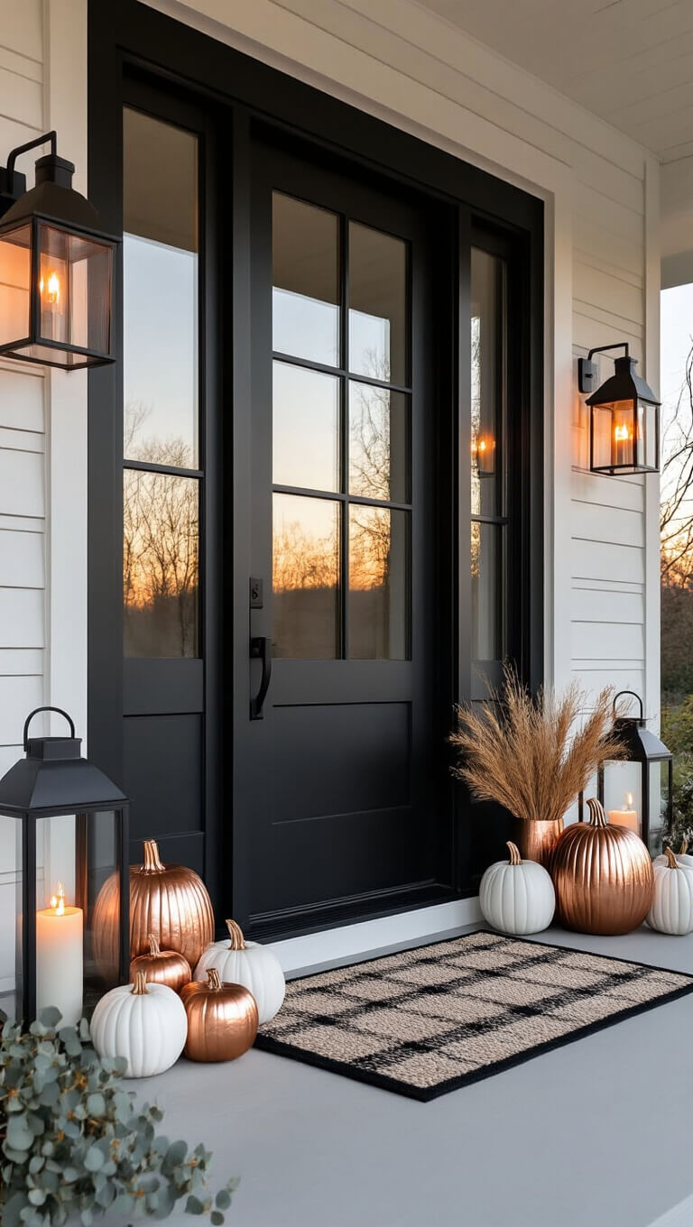 Modern farmhouse entryway at dusk with matte black glass-paneled door, fall pumpkins, lanterns with candles, geometric doormat, and eucalyptus garland with copper lights.
