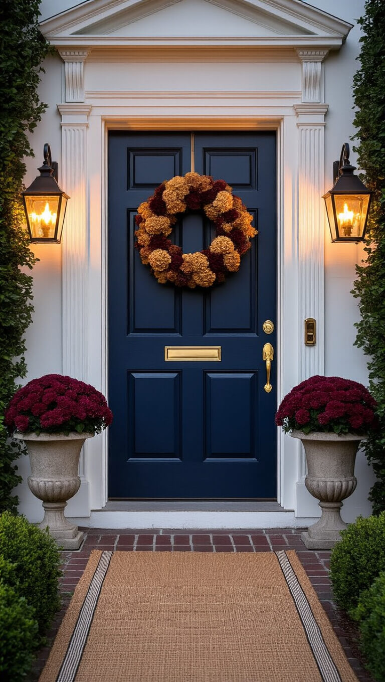 Colonial-style entrance at twilight with navy door, brass accents, autumn wreath, potted mums and ivy, warm lanterns, and jute runner.