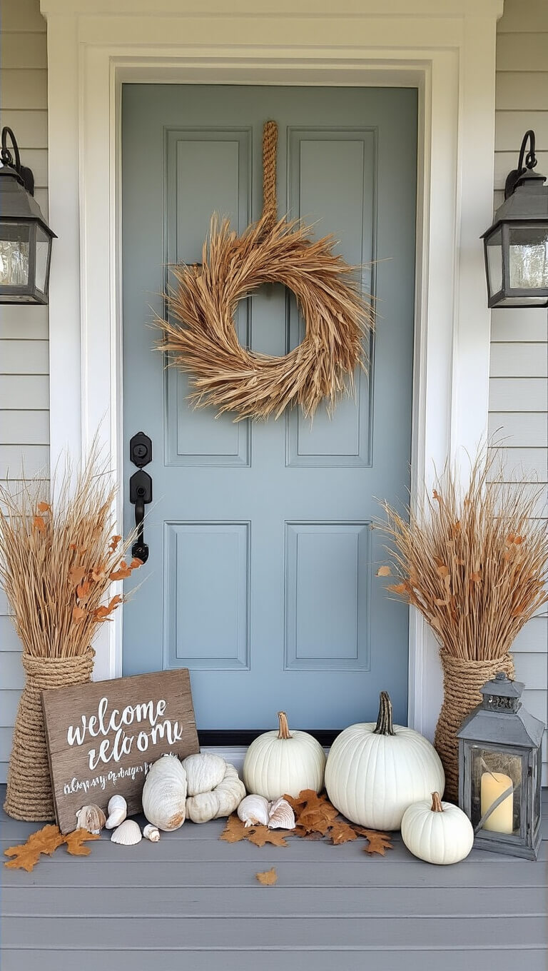 Coastal cottage doorway with pale blue-grey door, white pumpkins, dried sea grass, rope garland of oak leaves and shells, driftwood welcome sign, and lanterns in soft late afternoon light.