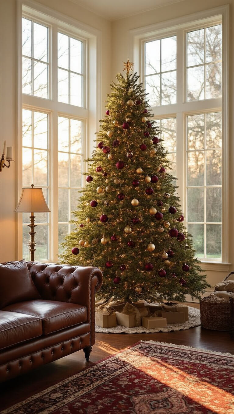 Elegant living room at golden hour with sunlight illuminating a decorated Noble Fir Christmas tree in a bay window, adorned with vintage ornaments and warm lights; features a leather Chesterfield sofa, oriental rug, and antique brass lamp.