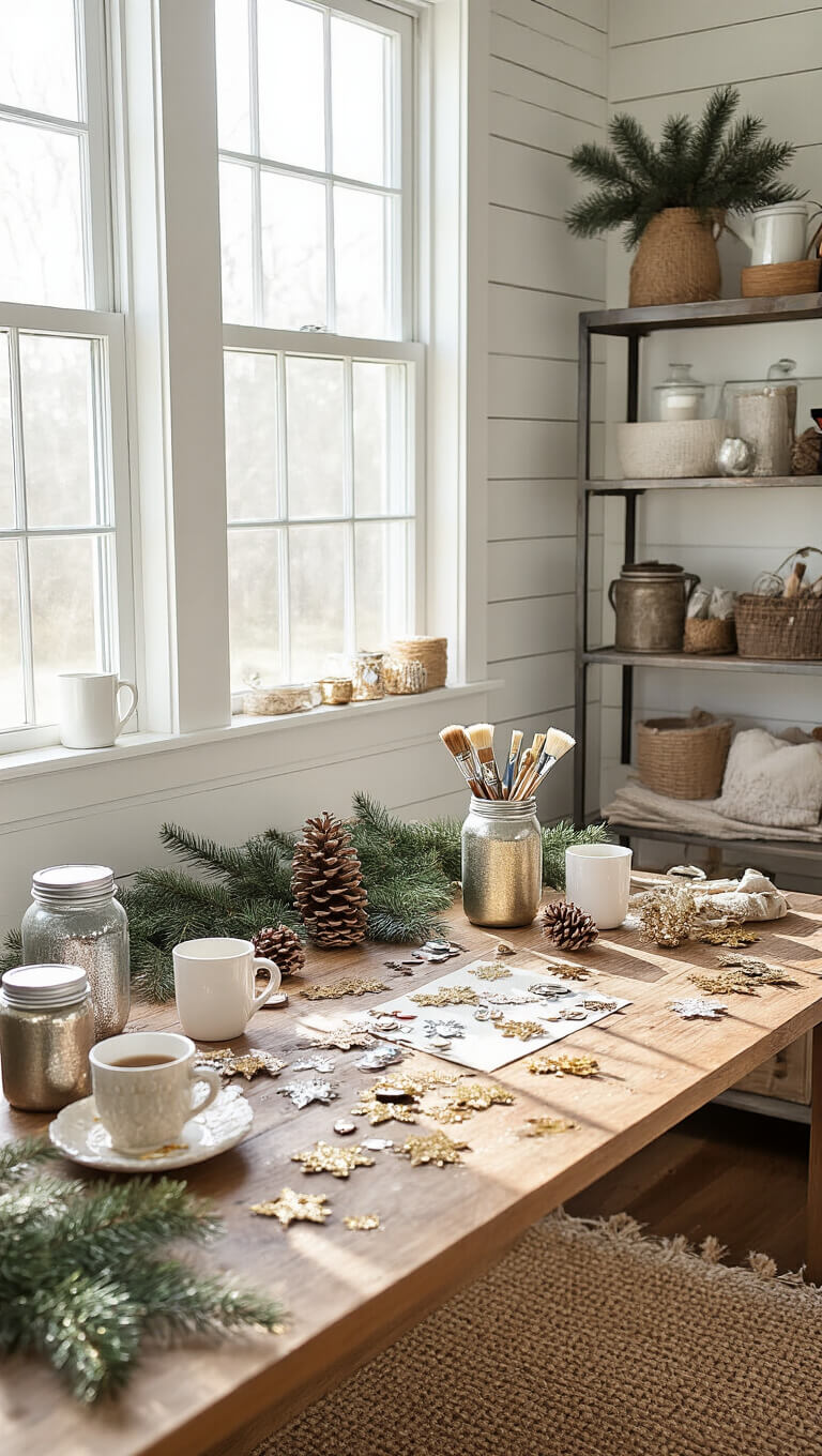Cozy craft room with farmhouse table covered in holiday supplies, lit by soft morning light from north-facing windows.