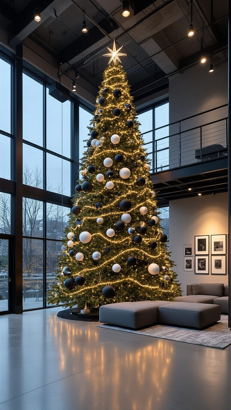 Low-angle view of a modern open-concept space with a 12ft flocked Christmas tree decorated in black and white geometric ornaments, set against concrete floors and black steel-framed windows at dusk.