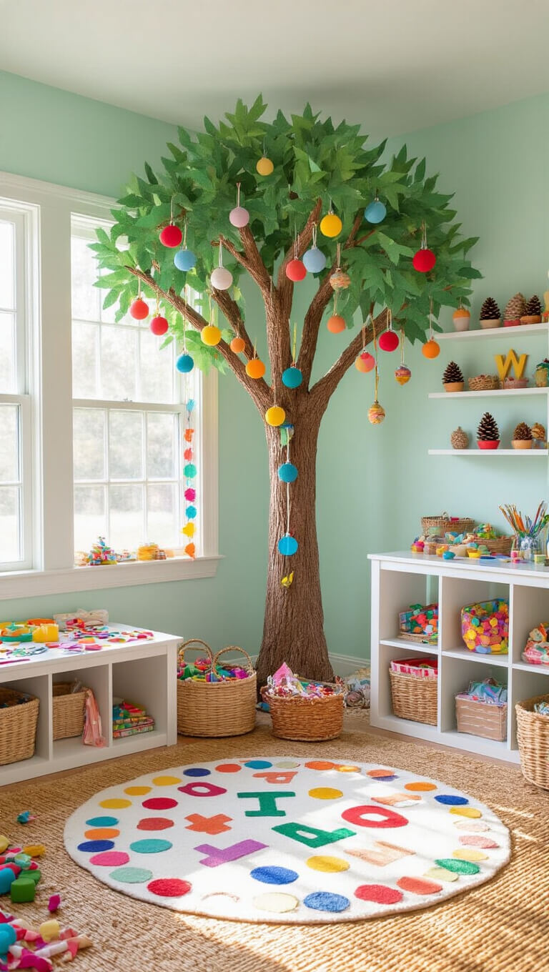 Child’s playroom with whimsical 6ft tree decorated with colorful handmade ornaments, craft table, alphabet rug, and bright decor against mint walls and bamboo floors.