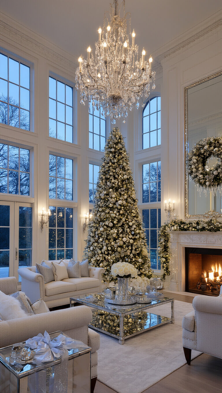 Elegant formal living room at twilight with 14ft ceilings, grand decorated Fraser Fir tree, marble fireplace, and traditional ivory and silver-blue furnishings.
