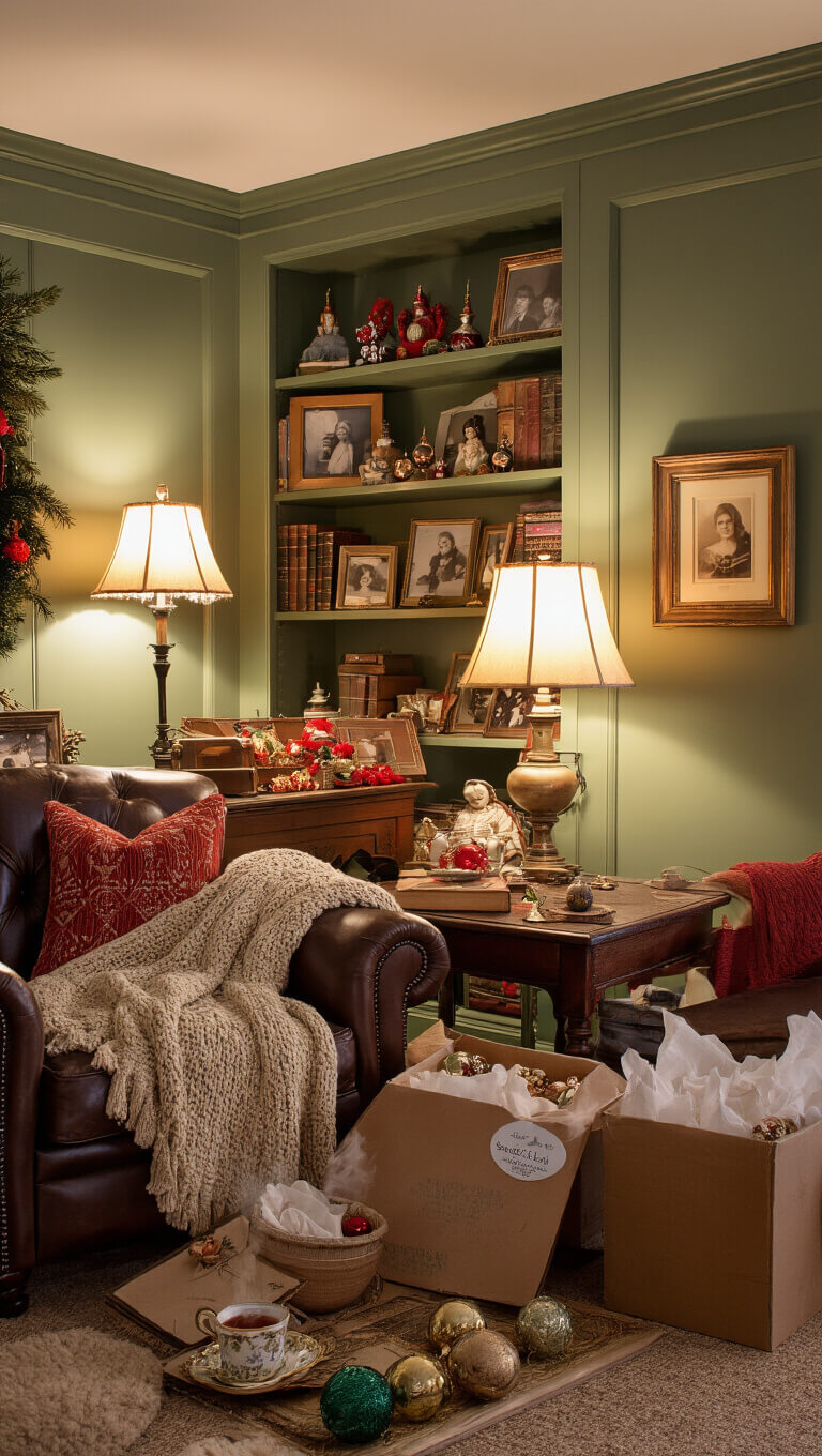 Cozy family room with vintage ornaments unpacked from heirloom boxes, warm lighting, sage green walls, leather armchair, knit throws, and built-in bookshelves displaying decorations and family photos.