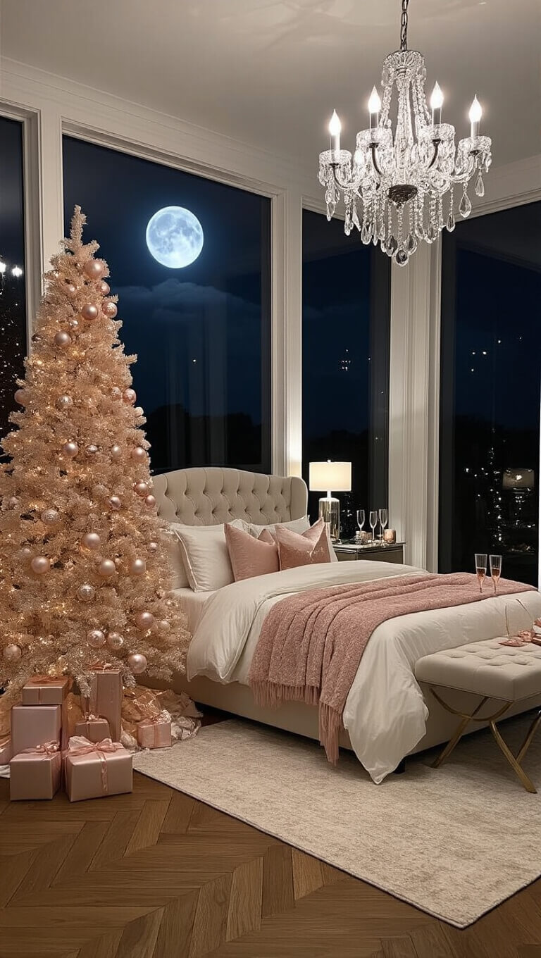 Luxurious master bedroom at night with moonlit glow, featuring a tall decorated tree, tufted velvet headboard, silk cream bedding, crystal chandelier, and festive holiday accents.