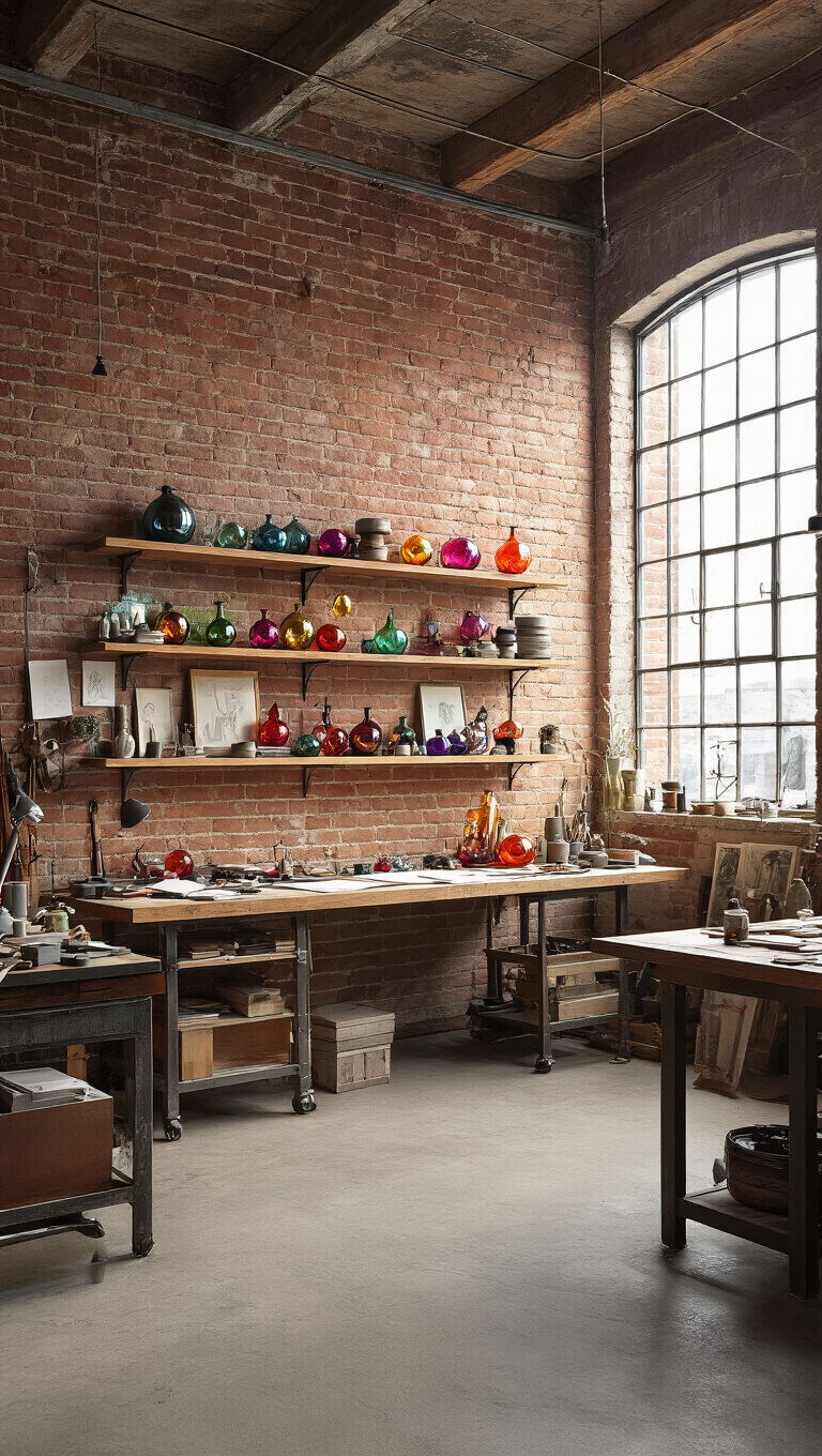 Artist's loft studio with exposed brick walls, industrial windows, and natural light illuminating glass ornaments on floating shelves; workbench with tools, sketches, and glass art in progress, all in a jewel-toned and metallic color palette.