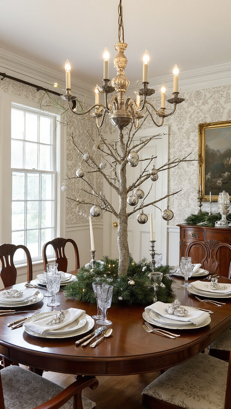 Elegant holiday dining room with chandelier lighting tabletop tree, silver ornaments, formal place settings, and traditional decor.