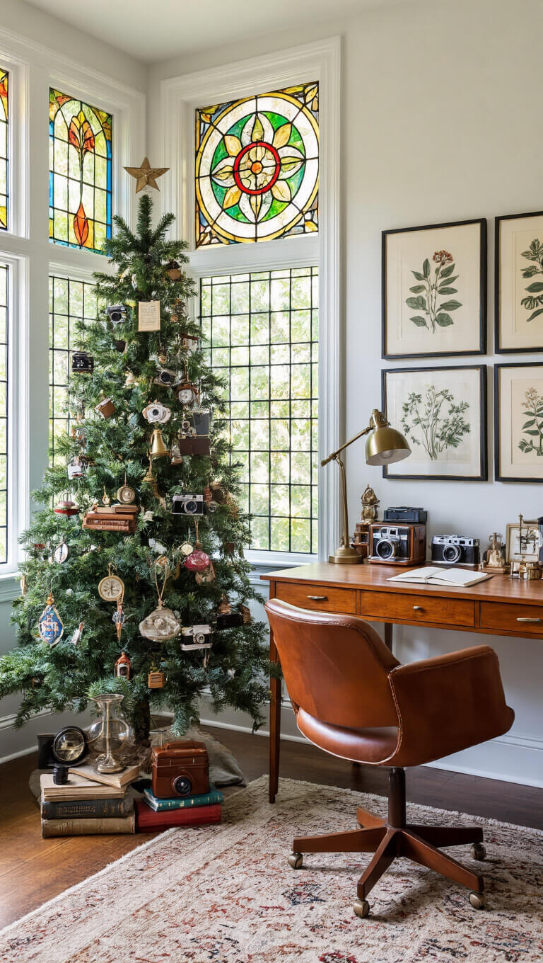 Eclectic 12x14ft home office with stained glass light, quirky ornamented artificial tree, mid-century desk, leather chair, and gallery wall of botanical prints.
