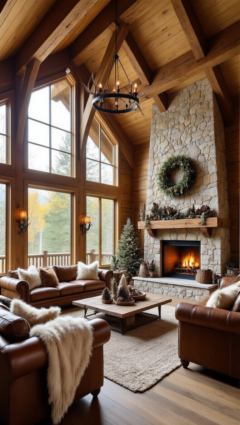 Rustic great room with cathedral ceiling, exposed beams, stone fireplace, and woodland-themed holiday decor in golden hour light.