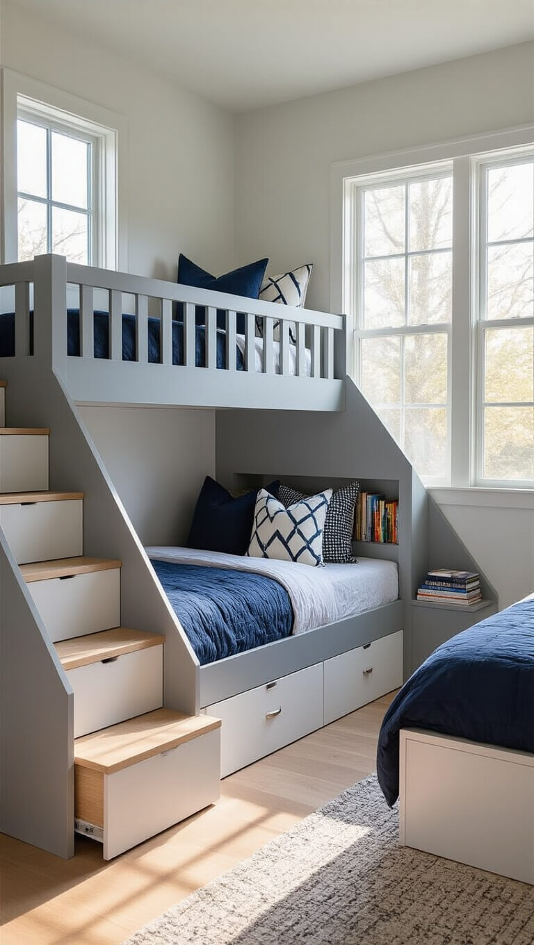 Bright kids' bedroom with two-tone storage bunk bed, natural light on oak floor, and organized bedding and shelving.