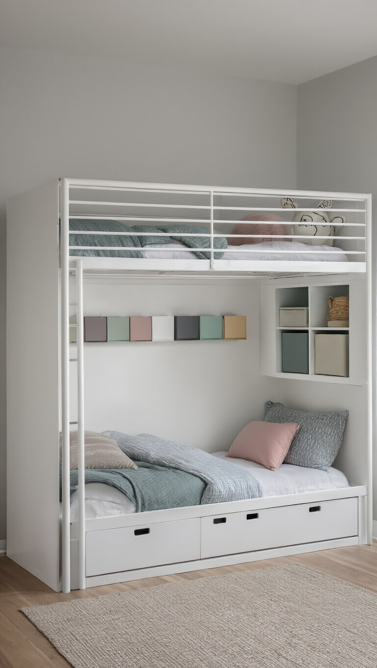 Modern minimalist kids' room with white metal bunk bed, high-gloss storage drawers, pastel bins, and Scandinavian decor in soft daylight.
