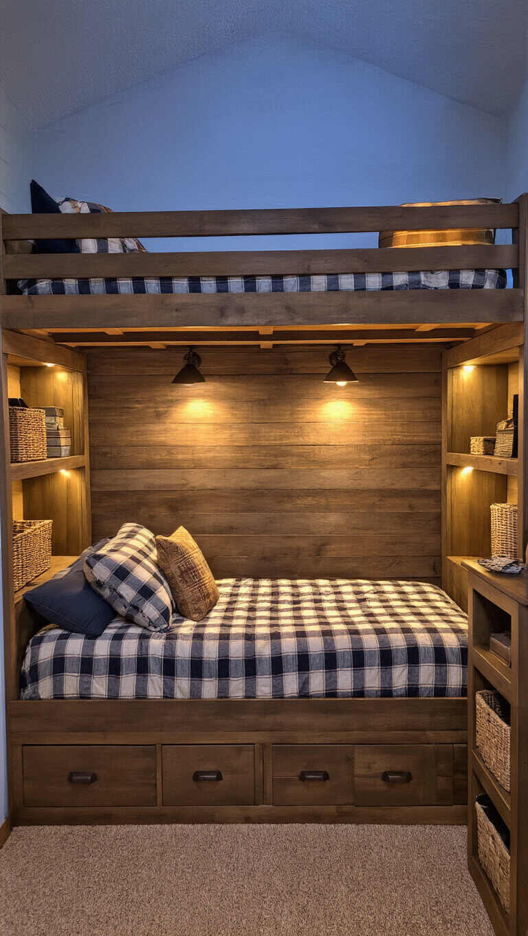 Rustic 10x12ft shared bedroom with solid pine bunk bed, stair storage, and warm LED-lit cubbies, styled with plaid bedding and vintage accents.