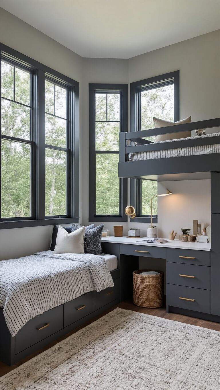 Modern teen bedroom with L-shaped charcoal grey bunk bed, white lacquered desk and storage, floor-to-ceiling windows, and monochromatic decor in morning light.