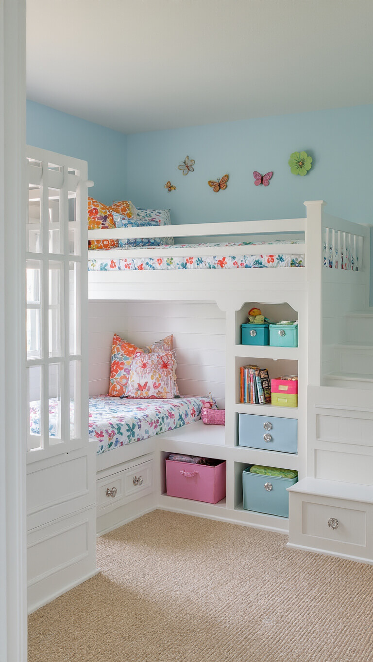 Whimsical children's bedroom with white cottage-style bunk bed, under-bed storage drawers, built-in bookshelf and reading nook, pale blue walls, butterfly bedding, and playful decor, lit by soft morning light.