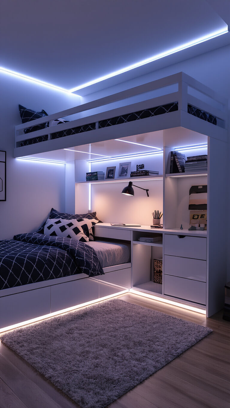 Contemporary preteen bedroom at dusk with glossy white floating storage bunk bed, LED accent lighting, modular shelves, and pull-out study desk, viewed from high angle for spacious effect.