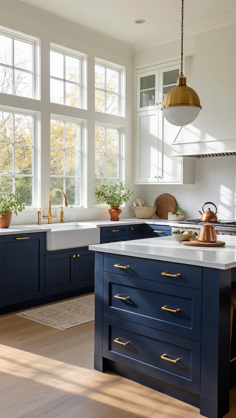 Modern navy and white kitchen with quartz countertops and large island lit by golden hour sunlight.