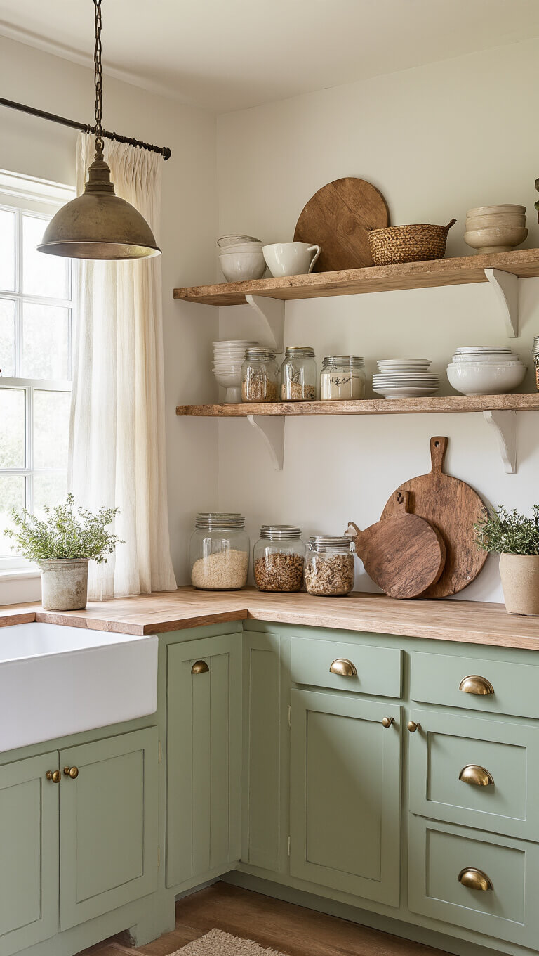 Early morning farmhouse kitchen nook with sage green base cabinets, cream uppers, raw wood shelves, vintage brass hardware, and soft light filtering through sheer curtains.