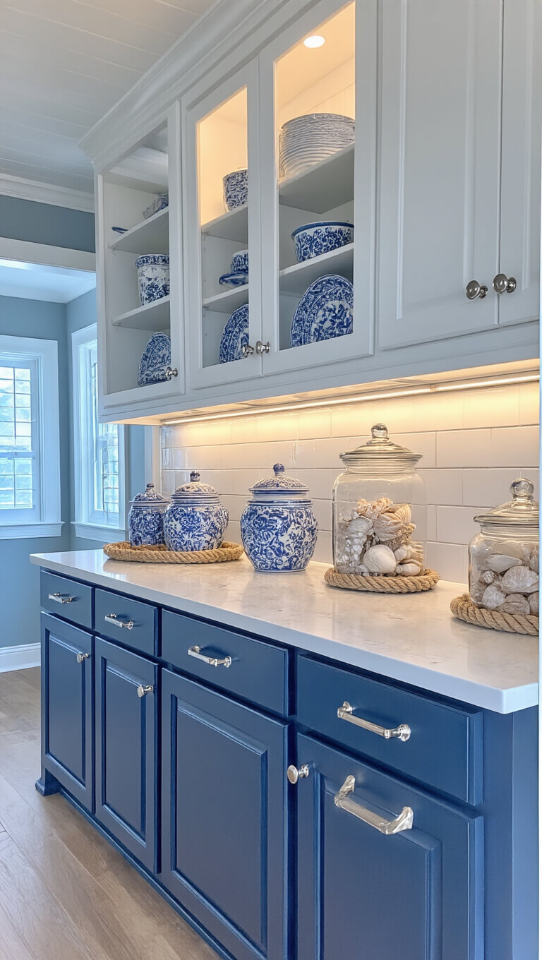 Coastal-style kitchen with navy lower cabinets, white beadboard uppers, under-cabinet lighting, and nautical decor during blue hour.