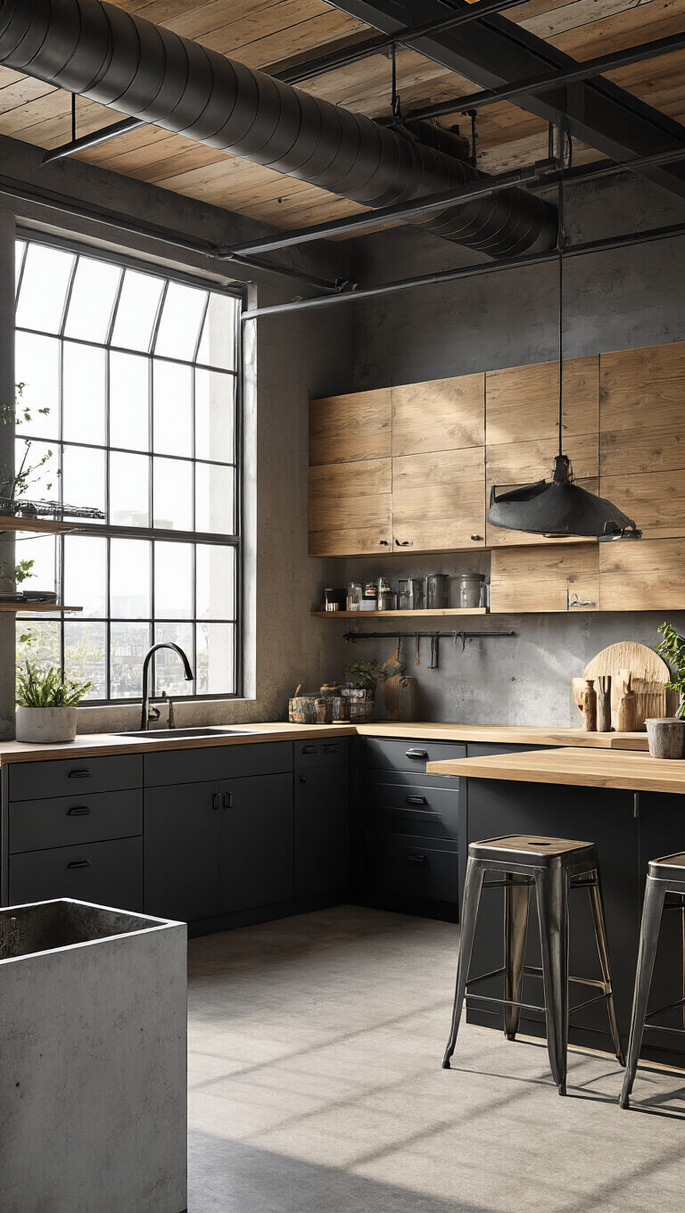 Industrial-modern kitchen with charcoal lower cabinets, wood upper units, large factory windows, exposed ducting, and dramatic afternoon lighting.