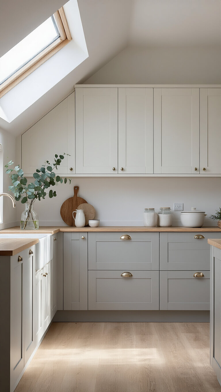 Scandinavian kitchen with pale grey and white cabinets, light oak flooring, and eucalyptus in glass vase under skylight.