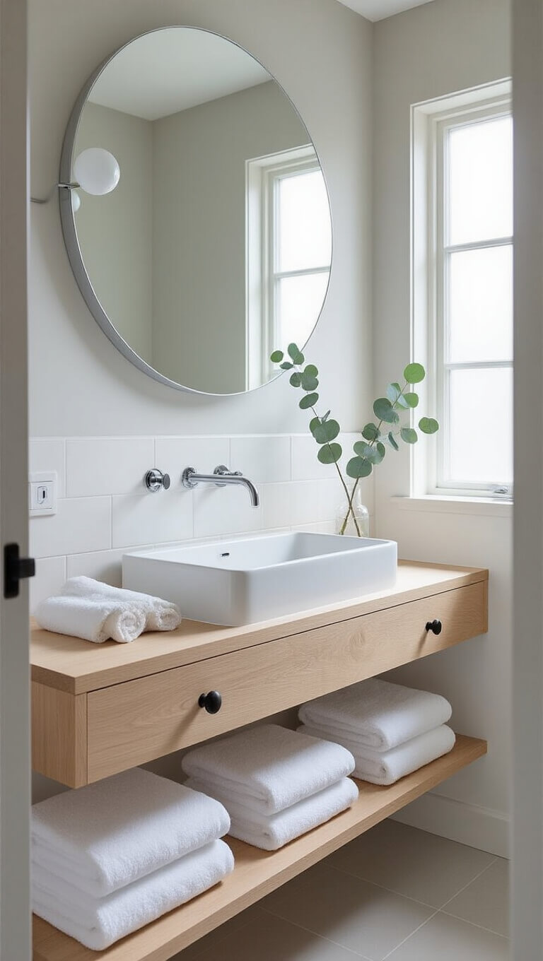 Scandinavian minimalist bathroom with white oak vanity, pale grey walls, chrome fixtures, and morning light through frosted window.