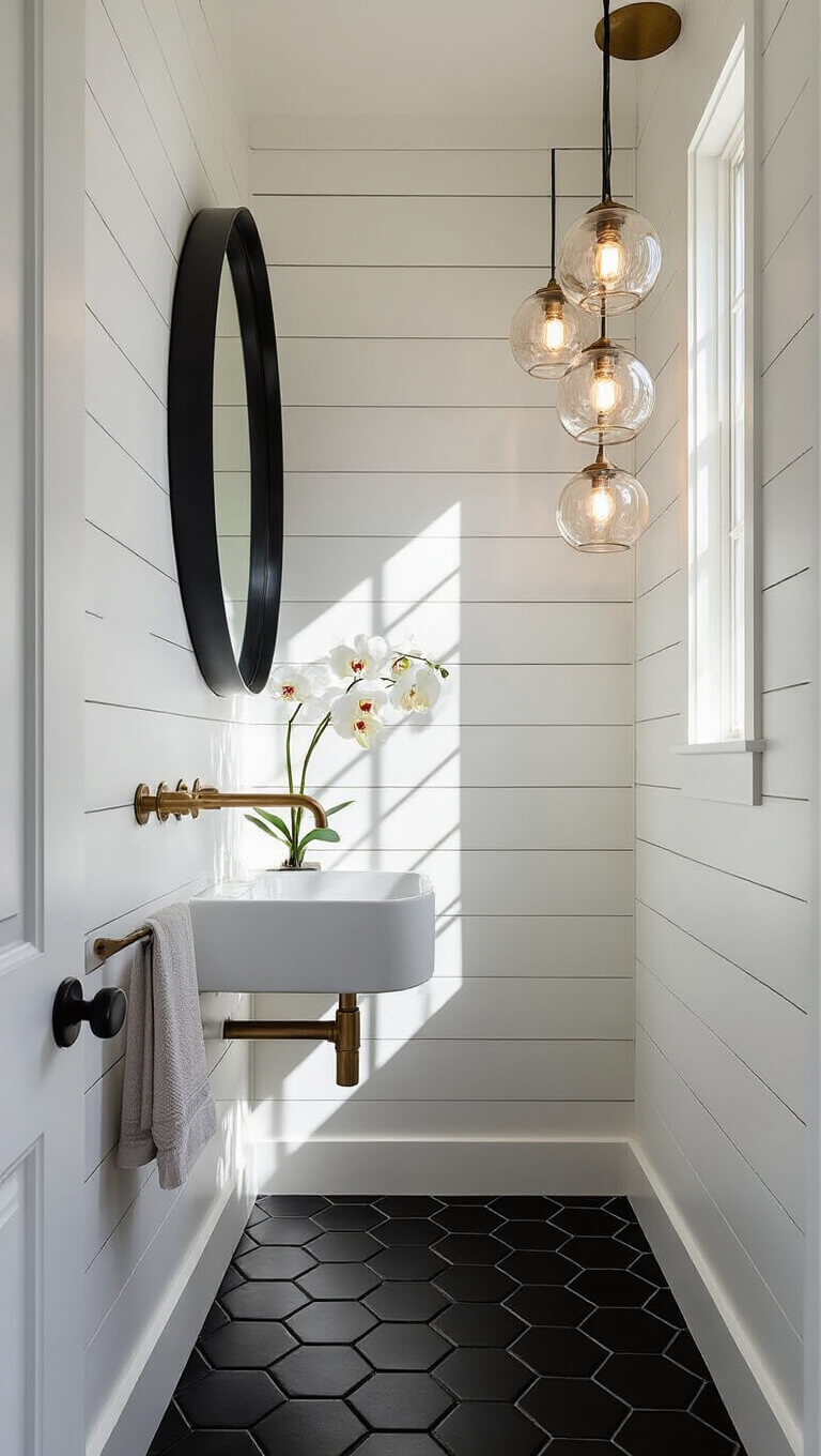 Modern chic powder room with black hexagon floor tiles, white shiplap walls, brass faucet, vessel sink, round black-framed mirror, and glass pendant lights.