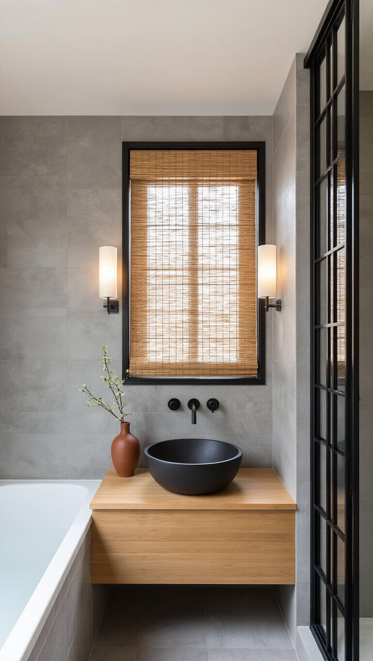 Zen-style Japandi bathroom with vertical grey tiles, bamboo shade, black vessel sink on wooden vanity, ikebana arrangement, and black grid shower door.