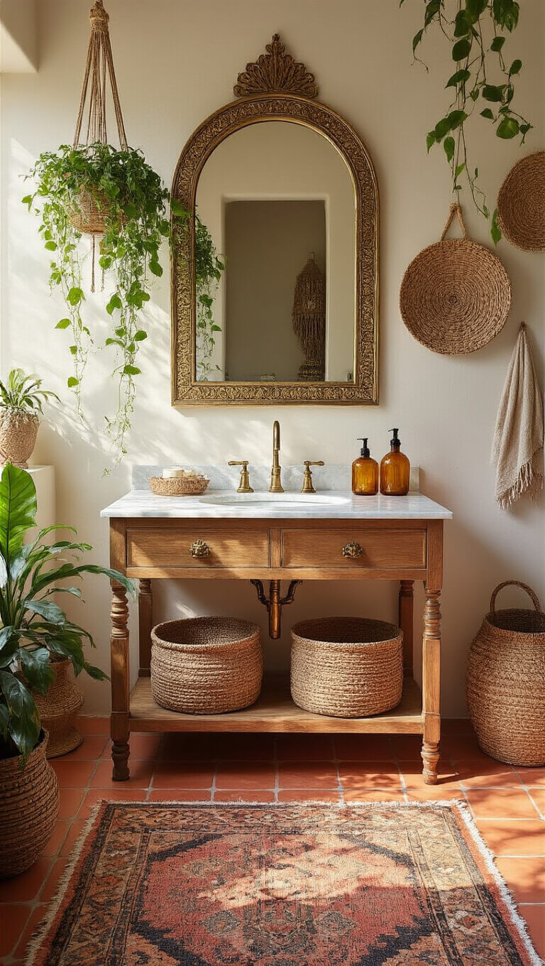 Boho luxe bathroom with terra cotta floors, brass and marble vanity, Moroccan mirror, woven baskets, hanging pothos, kilim rug, and amber glass accessories in soft afternoon light.