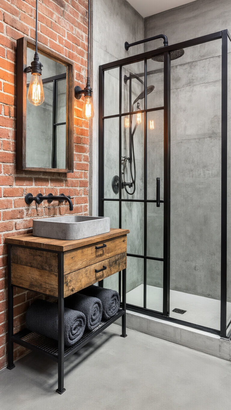 Industrial chic bathroom with exposed brick wall, concrete floor, black steel shower, reclaimed wood vanity, and dramatic Edison bulb lighting.