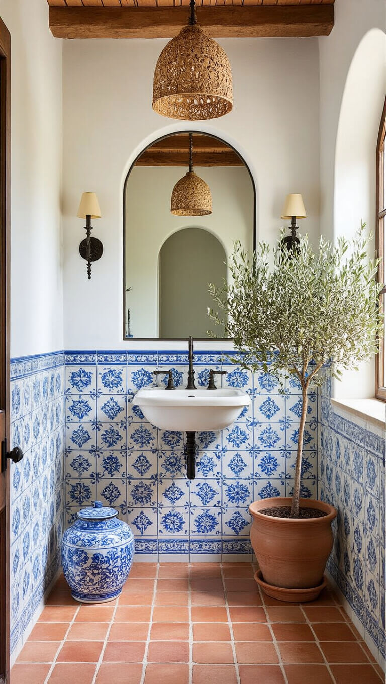 Mediterranean-inspired washroom with Portuguese tiles, arched mirror, terracotta floor, and olive tree.